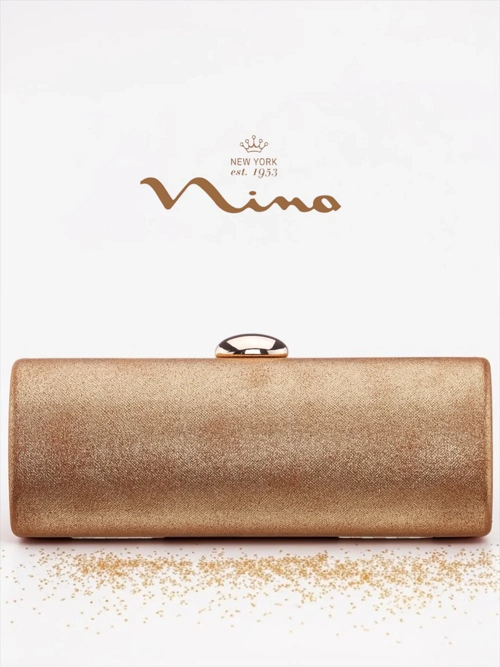 NWT Nina Xandra Barrel Minaudière Clutch – Pure Gold (New in Box)